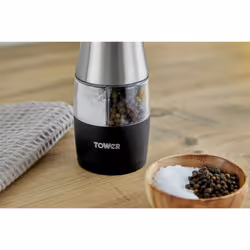 Tower T832248 Dual Electric Salt & Pepper Mill, Battery Operated with Adjustable Ceramic Grinders, Stainless Steel, Black