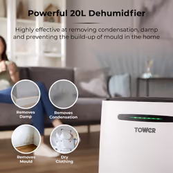 Tower T674004 20L Compressor Dehumidifier, 3 Modes, Adjustable Thermostat, 5.5L Water Tank, 24 Hour Timer, White
