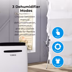Tower T674004 20L Compressor Dehumidifier, 3 Modes, Adjustable Thermostat, 5.5L Water Tank, 24 Hour Timer, White