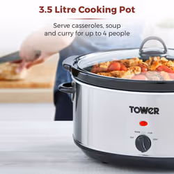 Tower T16039Y Slow Cooker with 3 Heat Settings and Removable Dishwasher Safe Pot, 3.5 Litre, Stainless Steel