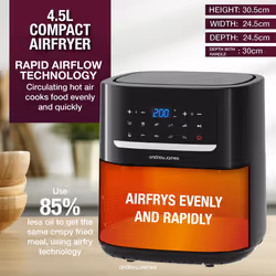 Andrew James 4.5L Air Fryer - Oil-Free Cooking for Healthier Meals, 10 Cooking Functions Including Frying, Baking, Roasting, and Grilling - Easy to