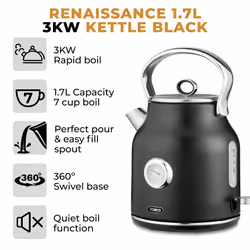 Tower Renaissance Kitchen Set, 1.7L Quiet Boil Kettle & 4 Slice Toaster & 20L Microwave, Black, T10063BLK, T20065BLK, T24039BLK