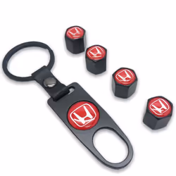 Honda Set of 4 Red / Black Car Tyre Air Dust Valve Stem Cap With Keyring Locking Tool