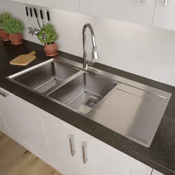 Sauber 2 Bowl Square Inset Stainless Steel Kitchen Sink - Right Hand Drainer