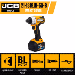 JCB 18V BRUSHLESS IMPACT DRIVER, 5AH LITHIUM-ION BATTERY AND CHARGER