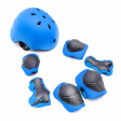 Heavy Duty ABS Kids Helmet Knee Elbow Wrist Pads Cycling Blue & Free Ear Buds