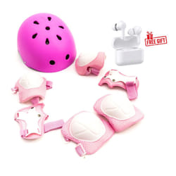 Heavy Duty ABS Kids Helmet Knee Elbow Wrist Pads Cycling Pink & Free Ear Buds
