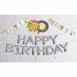 Large Happy Birthday Balloons Foil Banner Bunting Bumper Party Pack Decor Silver