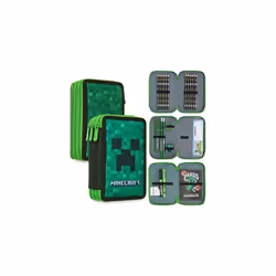 Minecraft Pencil Case, Large Pencil Case 3 Compartment Filled with School Supplies, Gifts (Green Creeper)