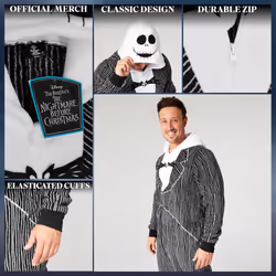 Disney Stitch One Piece Pyjama Unisex - Snug Fit Costume for Cosplay and Halloween - Flannel One-Piece Sleepwear (Black Jack Skellington L)