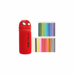 Pencil Case with 48 Colouring Pencils Included - Kids Spiderman Plush Filled Pencil Case - Gifts for Kids (Red Spiderman)