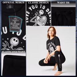 Disney Nightmare Before Christmas Ladies Pyjamas Set Nightwear T-Shirt Long Bottoms PJs Gifts for Women and Teenagers (L  Black/Love)