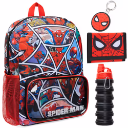 Marvel Spiderman School Bag Set - 4 Piece Backpack Water Bottle Wallet Keychain - Boys Gifts