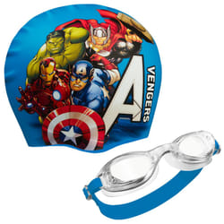 Children's Swimming Goggles and Swimming Cap Set Anti-Fog UV Protection (Blue Avengers, 6-14 Years)