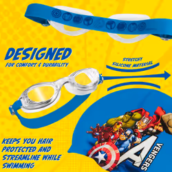 Children's Swimming Goggles and Swimming Cap Set Anti-Fog UV Protection (Blue Avengers, 6-14 Years)