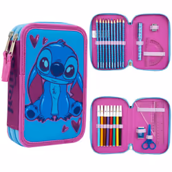 Filled Pencil Case with Stationery for Kids, School Supplies Colouring Pencils, Markers - Gifts for Girls (Blue/Pink Stitch D ...
