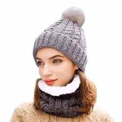 Soft Fleece Bobble Hat with Neck Warmer - Grey