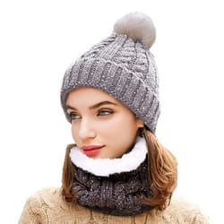 Soft Fleece Bobble Hat with Neck Warmer - Grey