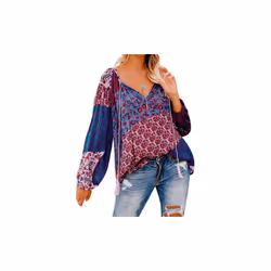 Floral print V-neck long sleeved top - Purple, 2XL