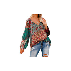 Floral print V-neck long sleeved top - Grey, XL