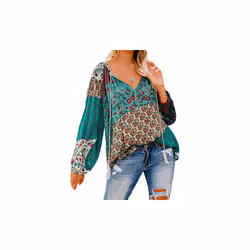 Floral print V-neck long sleeved top - Green, M