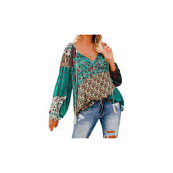 Floral print V-neck long sleeved top - Green, M