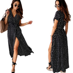) Polka Dot Split Front Maxi Dress - Black, L (UK 12