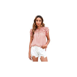 ) Short Ruffled Sleeve V-Neck Summer Top - Pink, 2XL (UK 16
