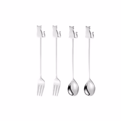 Stainless Steel Cat or Fish Fork and Spoon Set - 4pc Silver, sitting cat