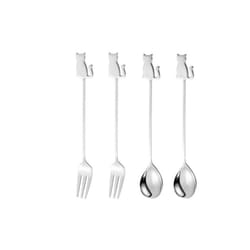 Stainless Steel Cat or Fish Fork and Spoon Set - 4pc Silver, sitting cat