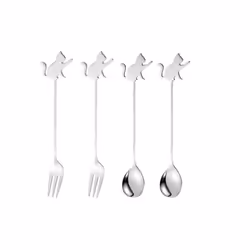 Stainless Steel Cat or Fish Fork and Spoon Set - 4pc Silver, Raised Paw Cat