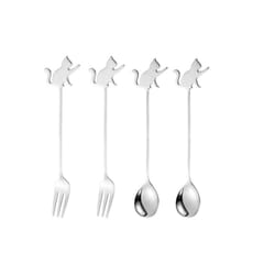 Stainless Steel Cat or Fish Fork and Spoon Set - 4pc Silver, Raised Paw Cat