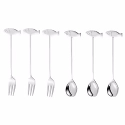 Stainless Steel Cat or Fish Fork and Spoon Set - 6pc Silver, fish
