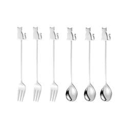 Stainless Steel Cat or Fish Fork and Spoon Set - 6pc Silver, sitting cat