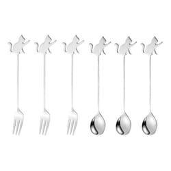 Stainless Steel Cat or Fish Fork and Spoon Set - 6pc Silver, Raised Paw Cat