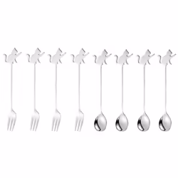 Stainless Steel Cat or Fish Fork and Spoon Set - 8pc Silver, Raised Paw Cat