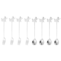 Stainless Steel Cat or Fish Fork and Spoon Set - 8pc Silver, Raised Paw Cat