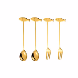 Stainless Steel Cat or Fish Fork and Spoon Set - 4pc Gold, fish
