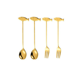 Stainless Steel Cat or Fish Fork and Spoon Set - 4pc Gold, fish