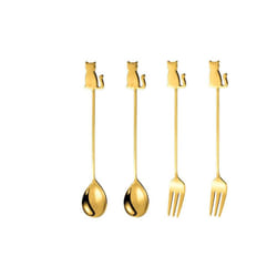 Stainless Steel Cat or Fish Fork and Spoon Set - 4pc Gold, sitting cat