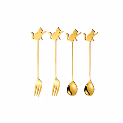 Stainless Steel Cat or Fish Fork and Spoon Set - 4pc Gold, Raised Paw Cat