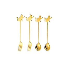 Stainless Steel Cat or Fish Fork and Spoon Set - 4pc Gold, Raised Paw Cat
