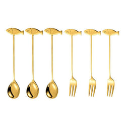 Stainless Steel Cat or Fish Fork and Spoon Set - 6pc Gold, fish