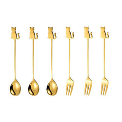 Stainless Steel Cat or Fish Fork and Spoon Set - 6pc Gold, sitting cat