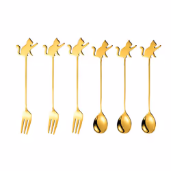 Stainless Steel Cat or Fish Fork and Spoon Set - 6pc Gold, Raised Paw Cat