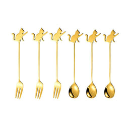 Stainless Steel Cat or Fish Fork and Spoon Set - 6pc Gold, Raised Paw Cat