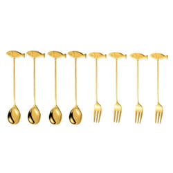 Stainless Steel Cat or Fish Fork and Spoon Set - 8pc Gold, fish