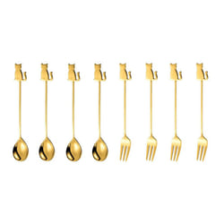 Stainless Steel Cat or Fish Fork and Spoon Set - 8pc Gold, sitting cat