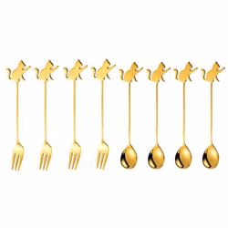 Stainless Steel Cat or Fish Fork and Spoon Set - 8pc Gold, Raised Paw Cat