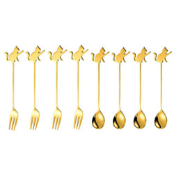 Stainless Steel Cat or Fish Fork and Spoon Set - 8pc Gold, Raised Paw Cat